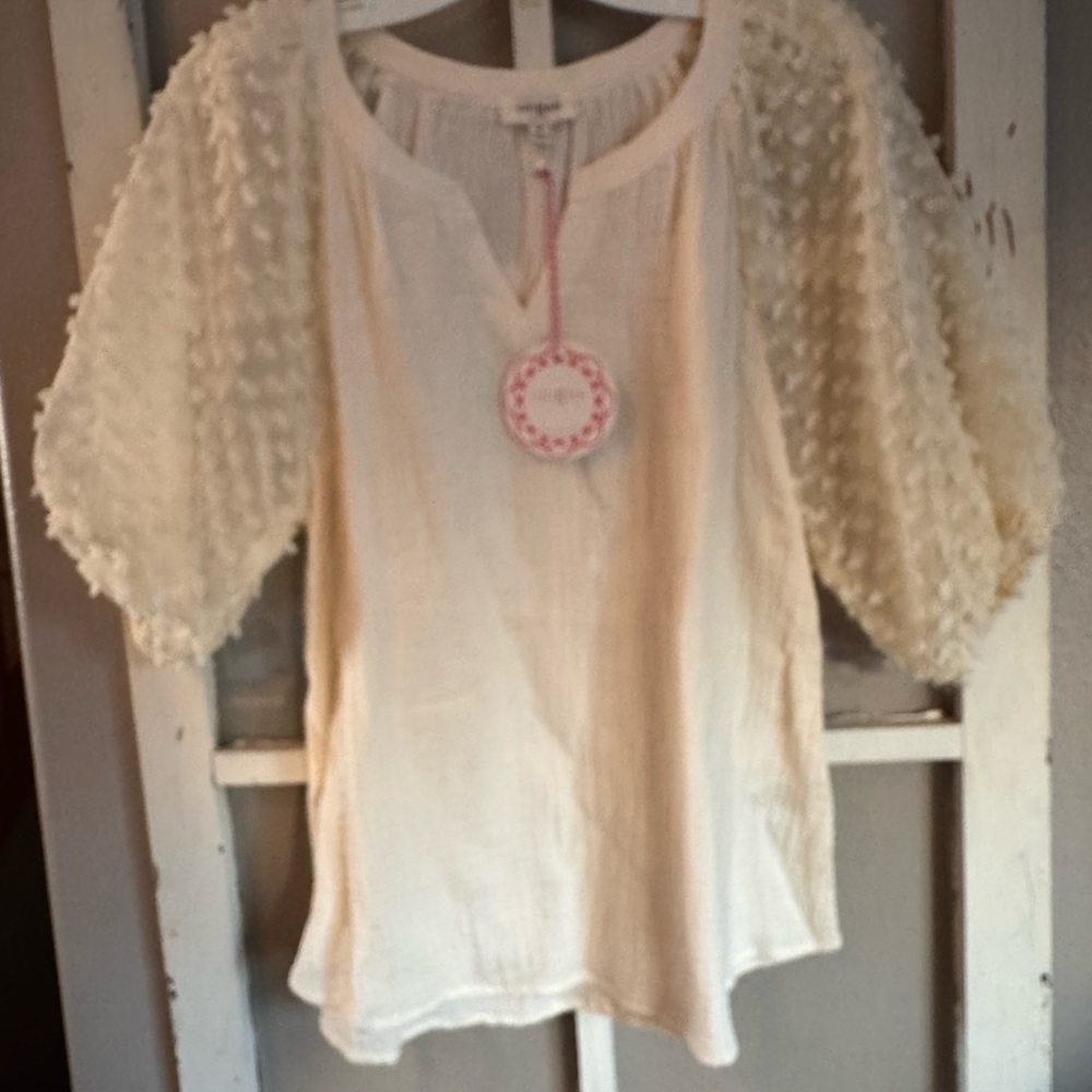 Adorable Umgee Cream top with adorable sheer textured bubble sleeves!